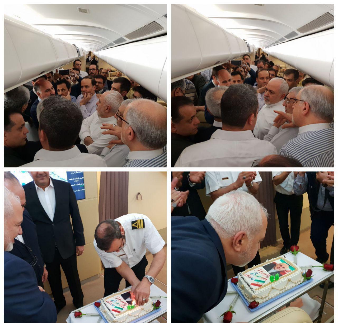تصاویر غافلگیری محمدجواد ظریف در هواپیما | تولدی که عوامل پرواز برای وزیر خارجه به پا کردند